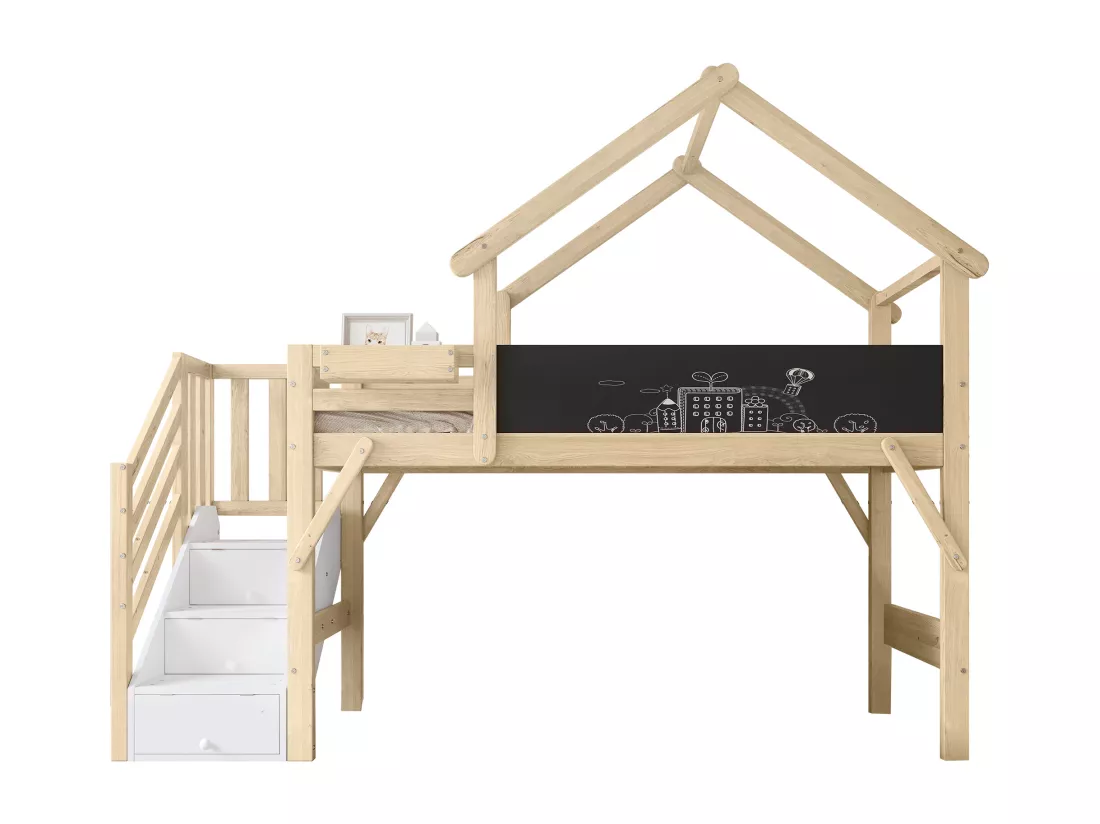 Lit mezzanine 90x200cm en bois - avec tableau noir et escalier de rangement - Naturel