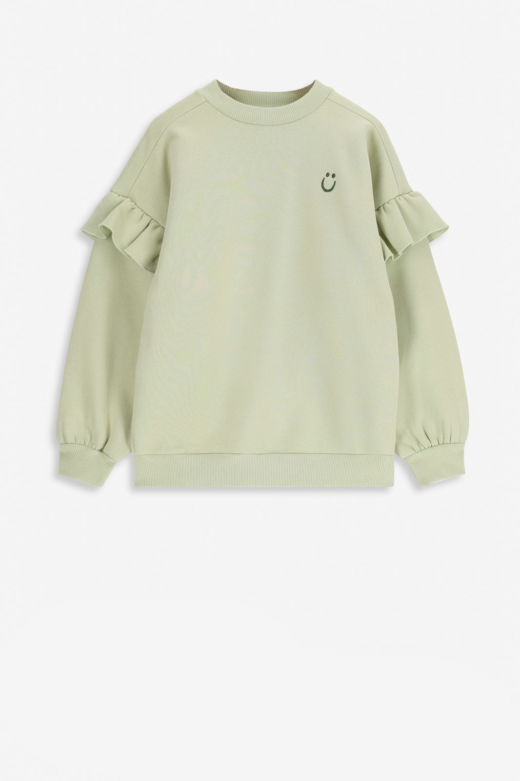 Lichtgroene oversized sweater met ruffles en smiley patch