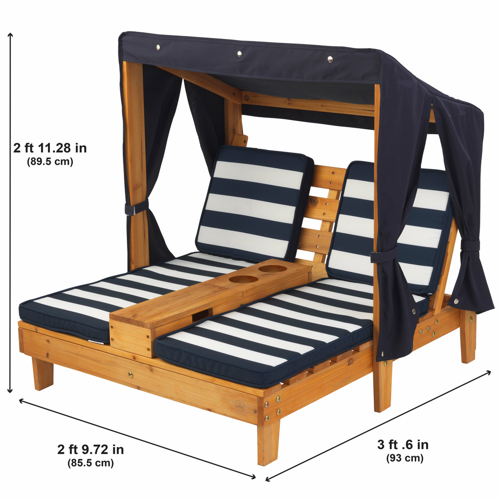 Double chaise longue avec porte-gobelets - miel et bleu marine
