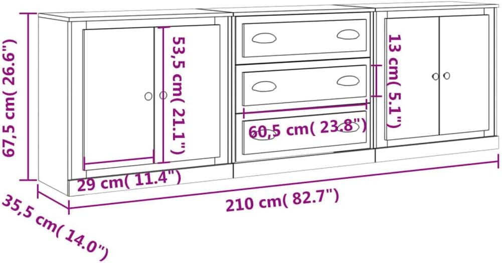 vidaXL Sideboard 3-TLG., Kommode mit viel Stauraum, Schrank mit Schubladen Türen, Mehrzweckschrank Anrichte für Wohnzimmer, Modern, Weiß Holzwerkstoff