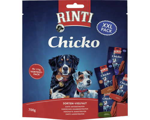 Rinti Chicko Hondensnack XXL Variatiepakket 700g, Konijnenknabbelstrips, Rundvleesstrips, Lamsstrips, Eendenstrips