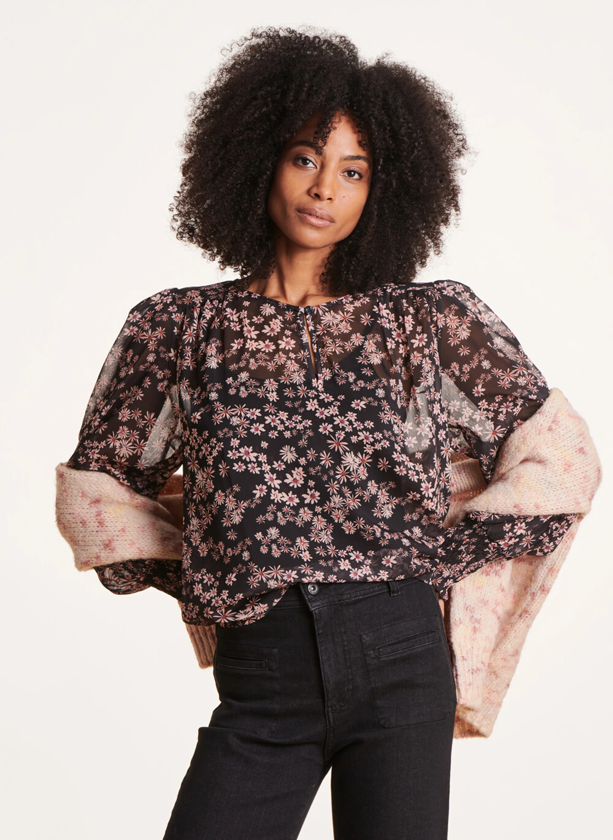Top ample manches longues imprimé| Noir