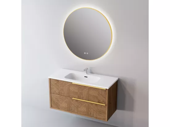 Miroir Salle de Bains Lumineux Éclairage Led Intégré Rétro éclairé Ø80cm, Fonctions On/Off et Anti-Buée Contour Or Brossé, IBIZA by SANIZÉO