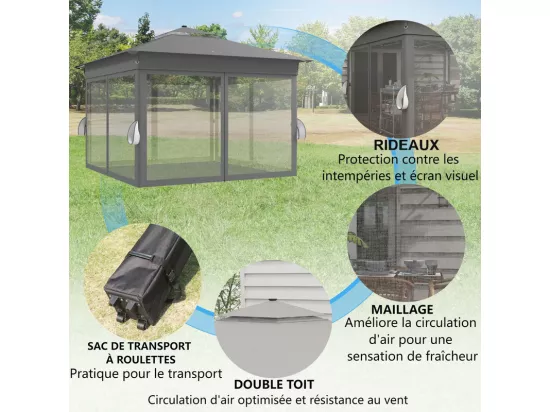 Tonnelle Portable 3 x 3 m, Pop-up, avec LED solaire, 4 rideaux, double toit, hauteur réglable, sac de rangement avec roues