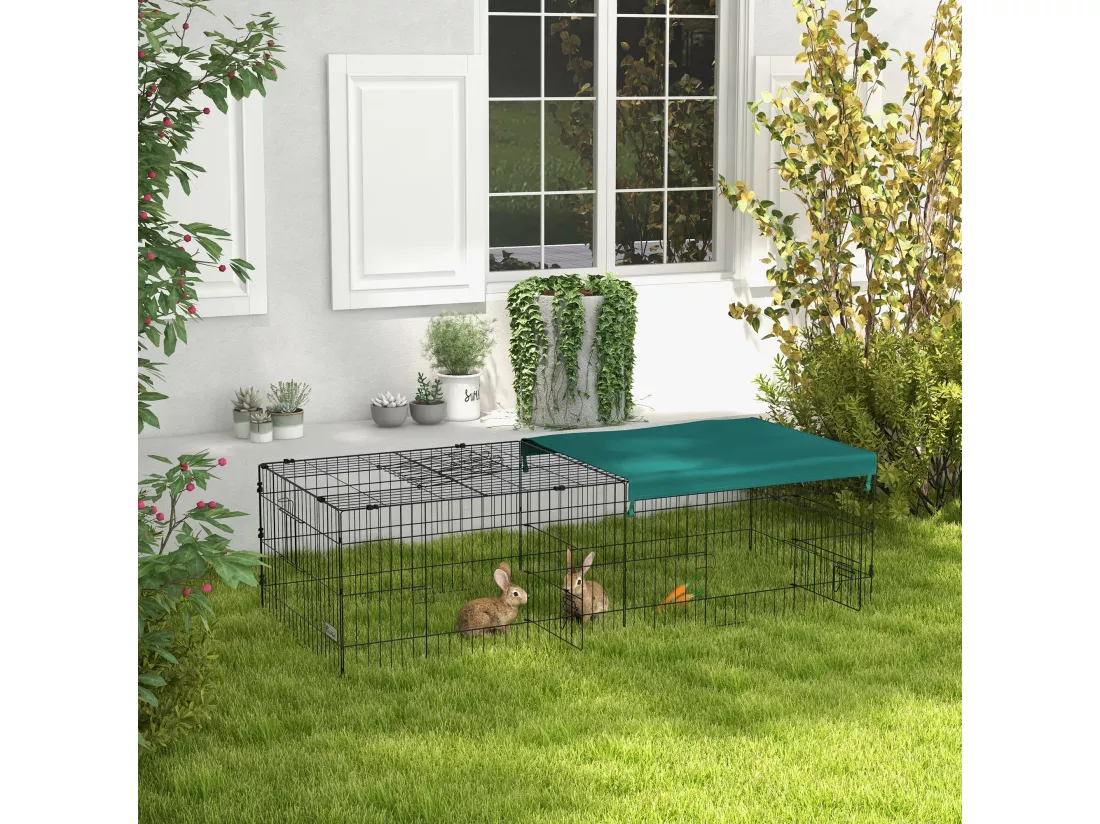 Parc enclos modulable acier avec bache pour lapins rongeurs petits animaux intérieur extérieur 185L x 75l x 50H cm vert