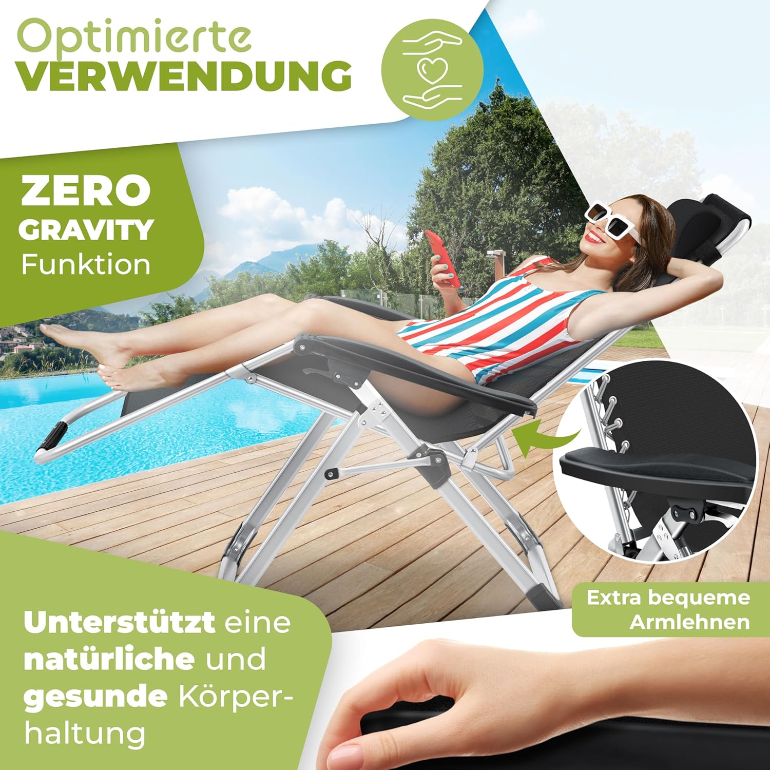 KESSER® Sonnenliege Liegestuhl Klappbar & Wetterfest, Gartenstuhl Belastbar 200kg Ergonomisches Polster Extra Breit Verstellbare Rückenlehne Gartenliege inkl. Nackenkissen & Getränkehalter, Schwarz