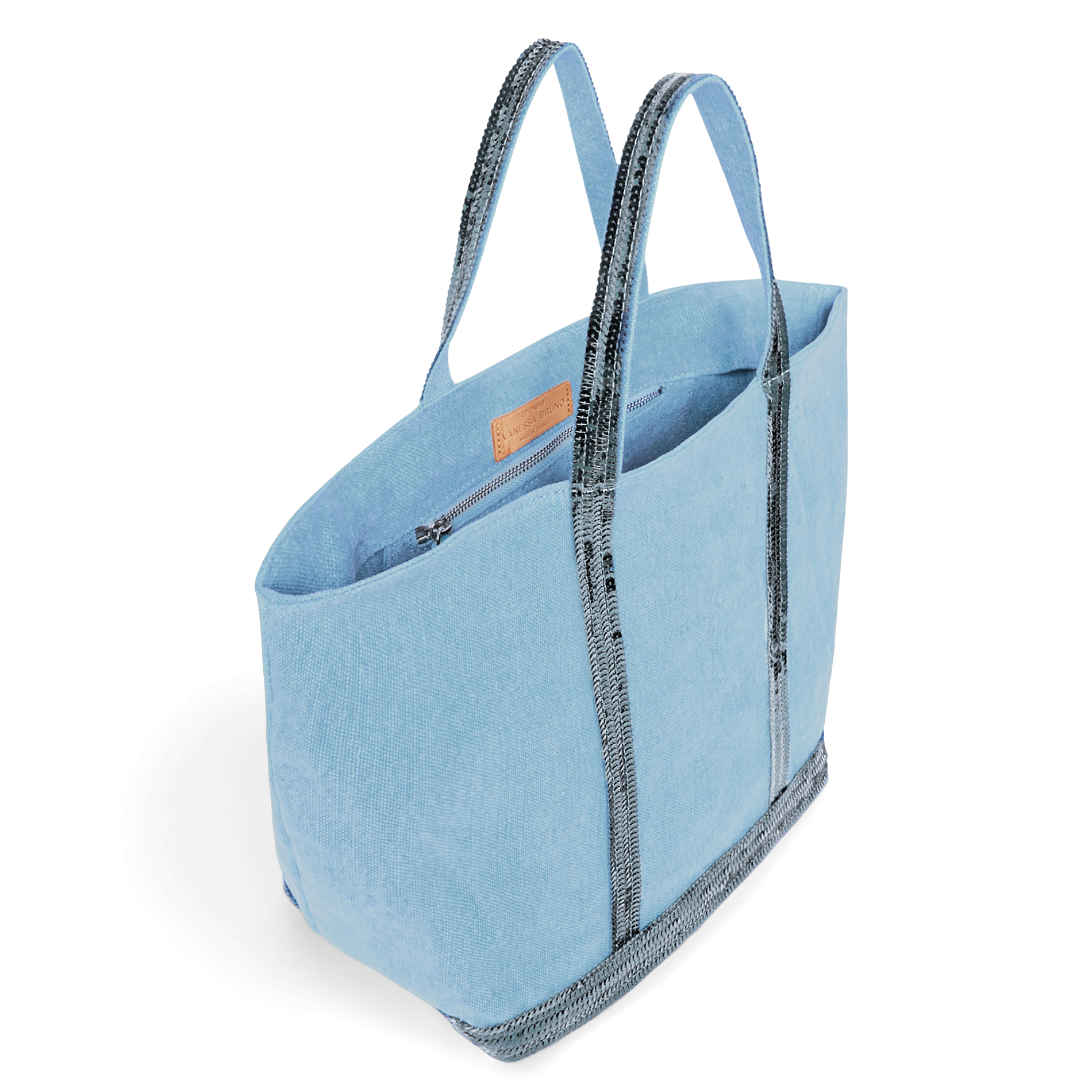 Cabas M brodé avec sequins en lin | Bleu