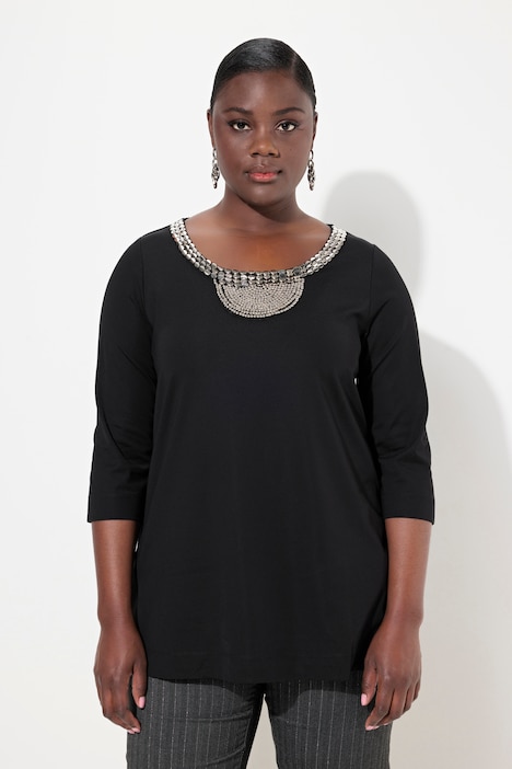 Shirt, Perlenstickerei, A-Linie, Rundhals, 3/4-Arm