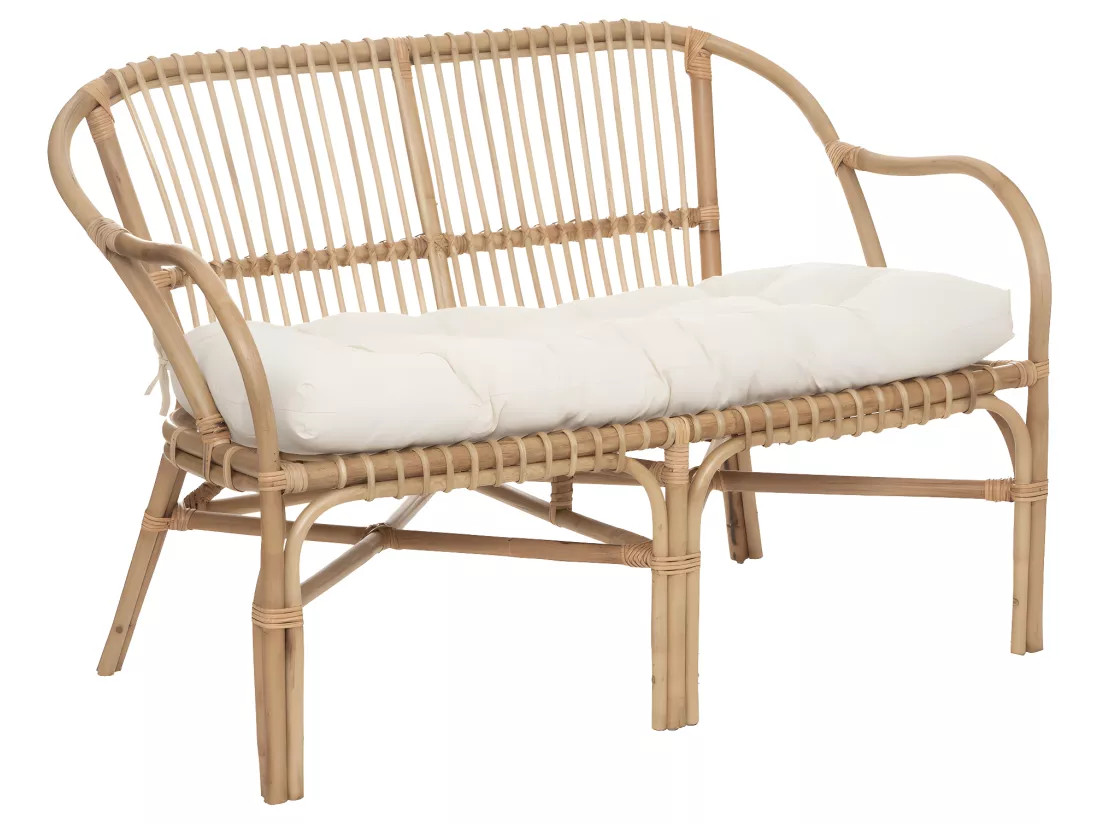 Banquette 2 places en Rotin et Coton Blanc L 110 x H 77 cm