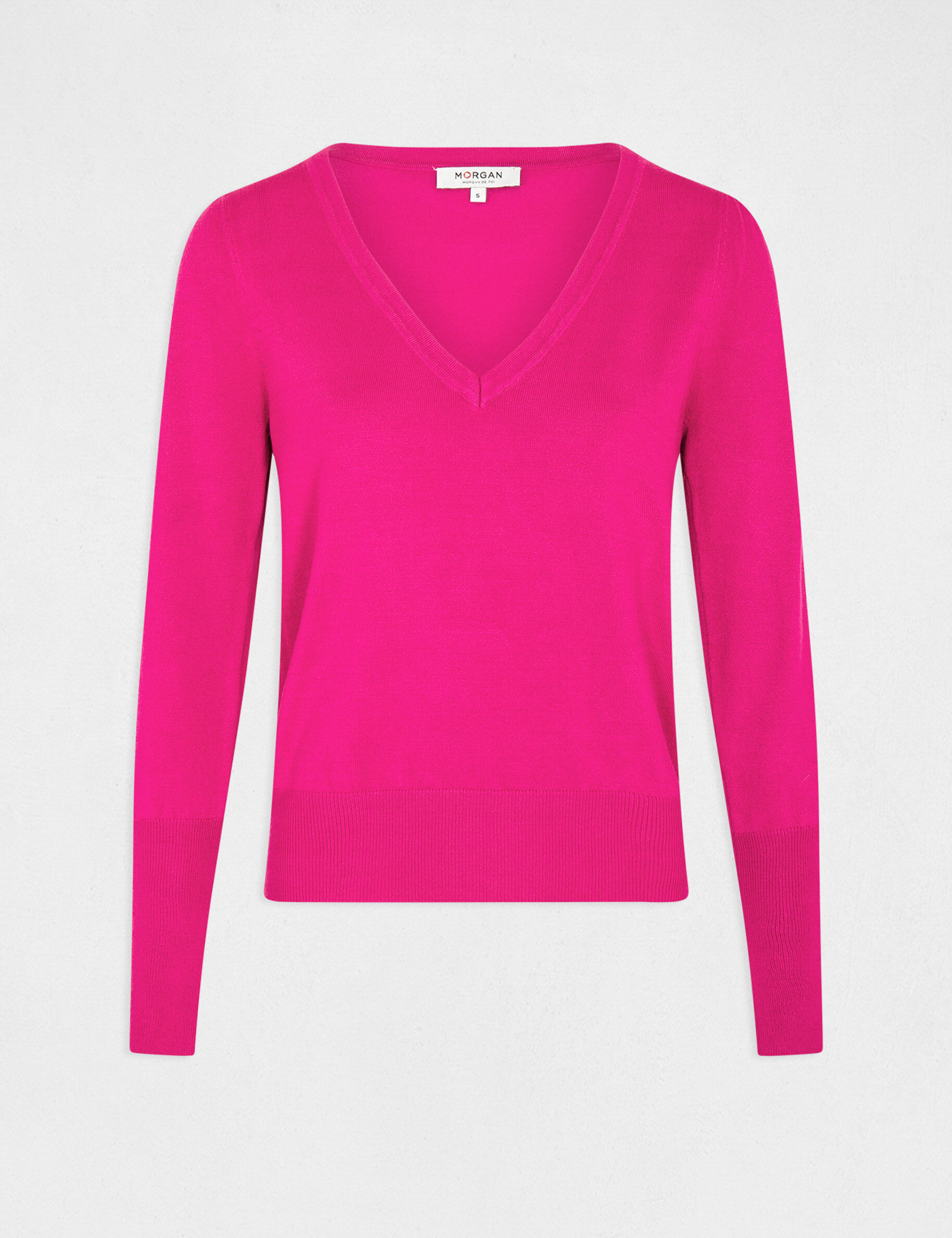 Pull manches longues avec col en V rose fonce femme - rose_fonce