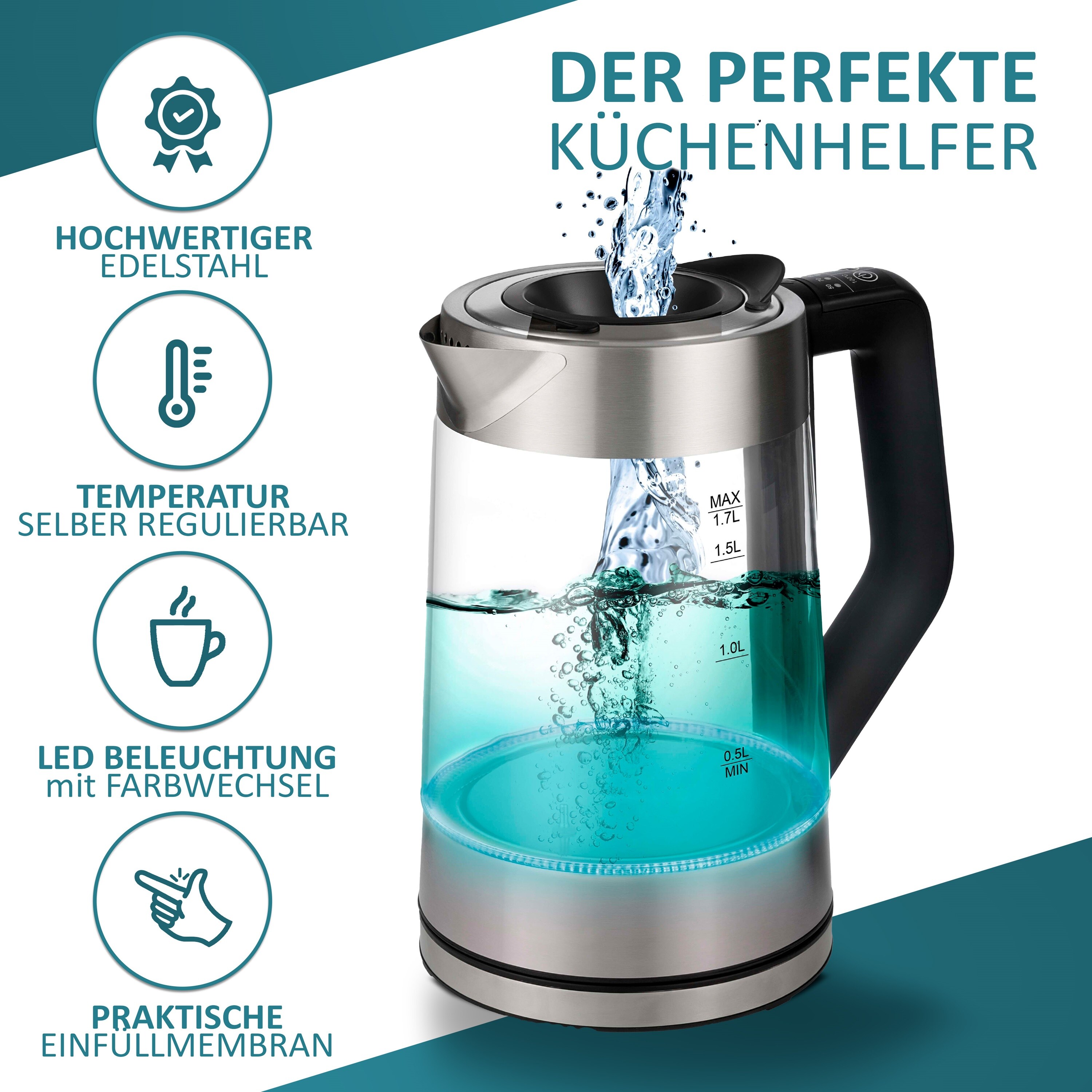 Ecosa Glas Wasserkocher Temperatureinstellung Easy Fill LED 1.7L