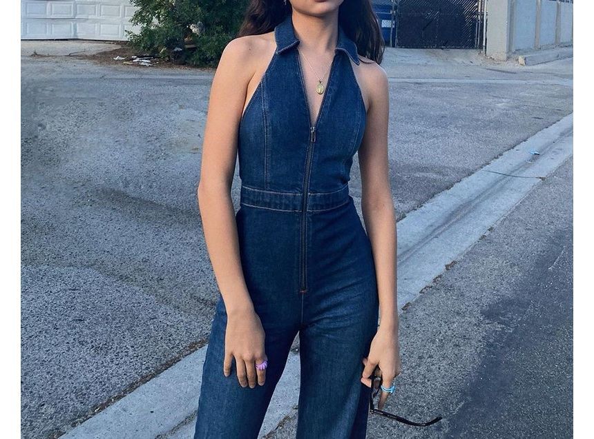 Sheparon - Mouwloze denim jumpsuit met wijde pijpen