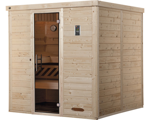 Massief houten sauna Weka Kemi GT Gr.4 incl. 7,5 kW kachel en digitale bediening met grafietkleurige volledig glazen deur