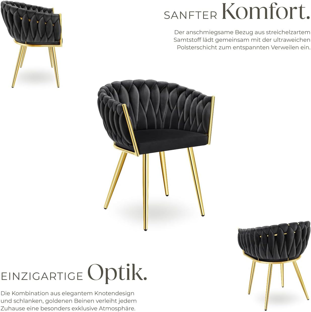 tectake® Samt Stuhl, Schalenstuhl mit Armlehne in Knoten Optik, Esszimmerstühle, Sessel modern für Wohnzimmer, Esszimmer, als Küchenstühle, für Schminktisch, Dining Chair Set - Schwarz/Gold, 4er Set