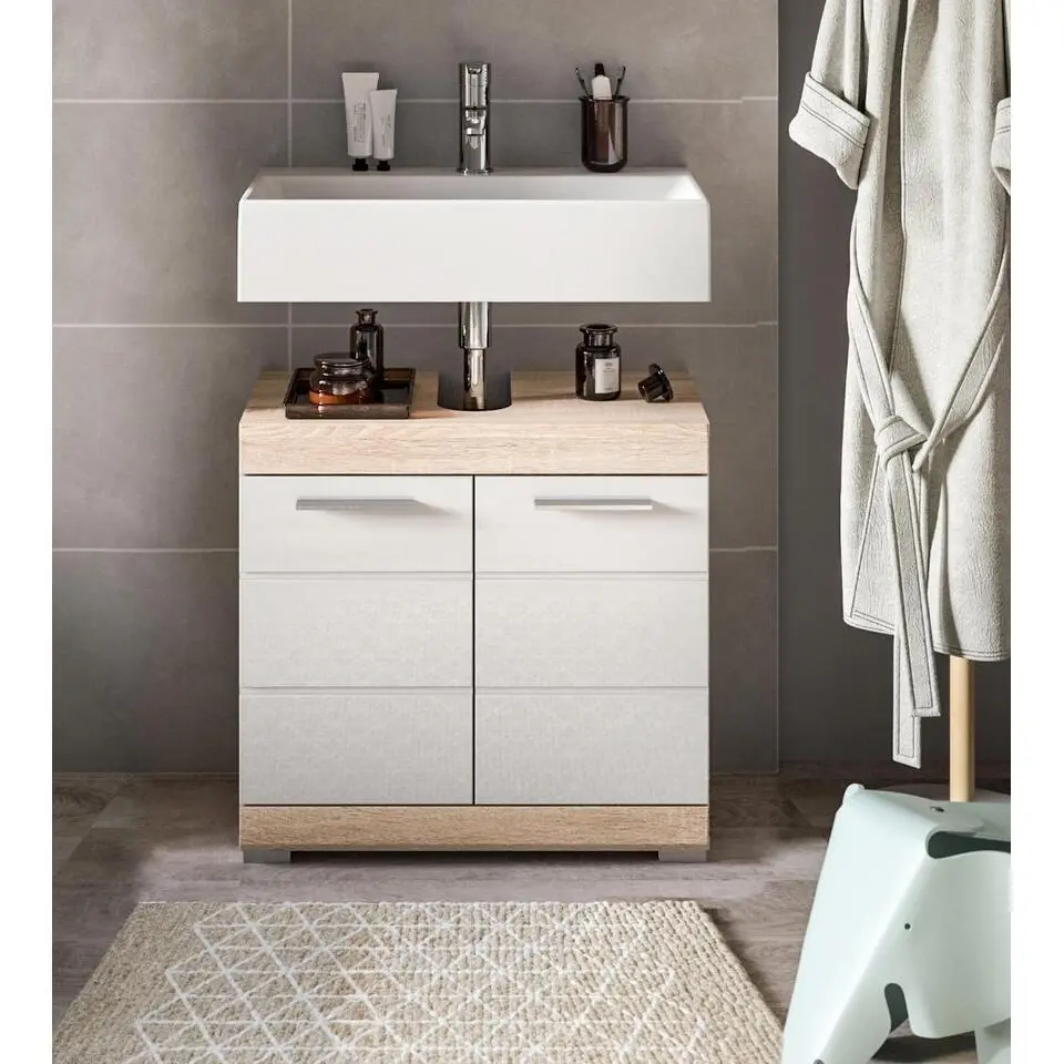 Hioshop Lambada wastafel 2 deuren wit hoogglans- eiken decor