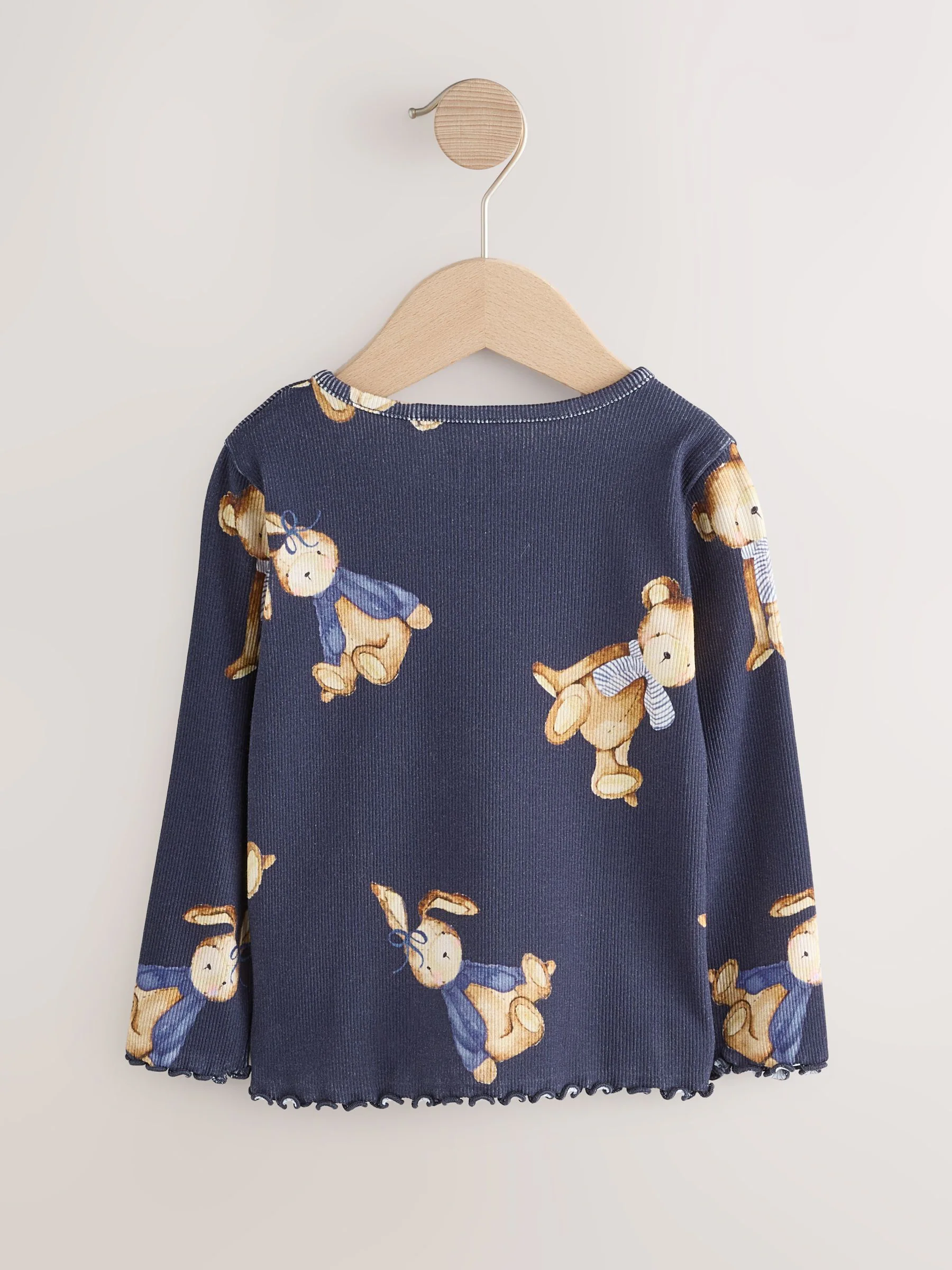 Marineblauw met berenprint - Geribbeld T-shirt met lange mouwen (3mnd-7jr)
