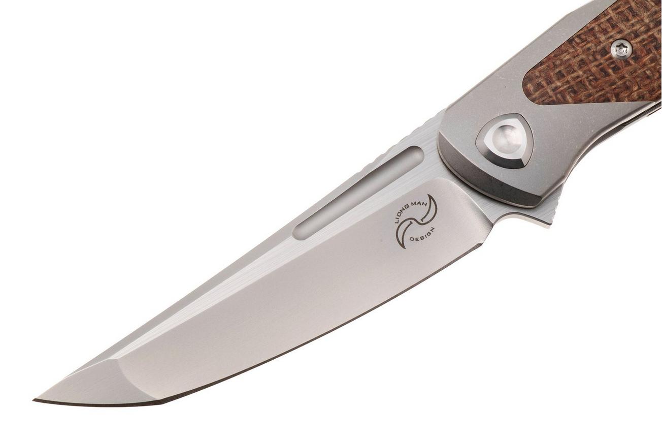 Liong Mah Warrior 3 Bead Blasted Böhler M390, Titanium Brown Burlap Micarta Inlay, zakmes