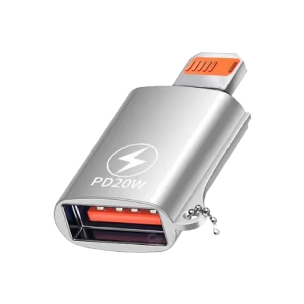 NÖRDIC USB-A 3.1 OTG hunn-til Lightning hann-adapter, Lightning-adapter for synkronisering og lading, aluminium sølv