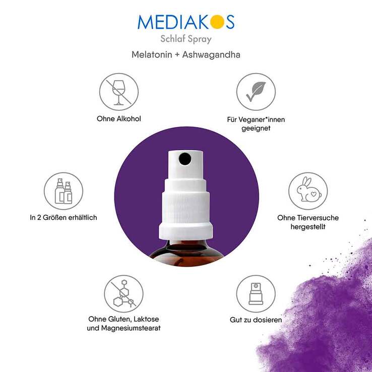 Melatonin Ashwagandha Mediakos Schlaf Spray vegan, 20 ml