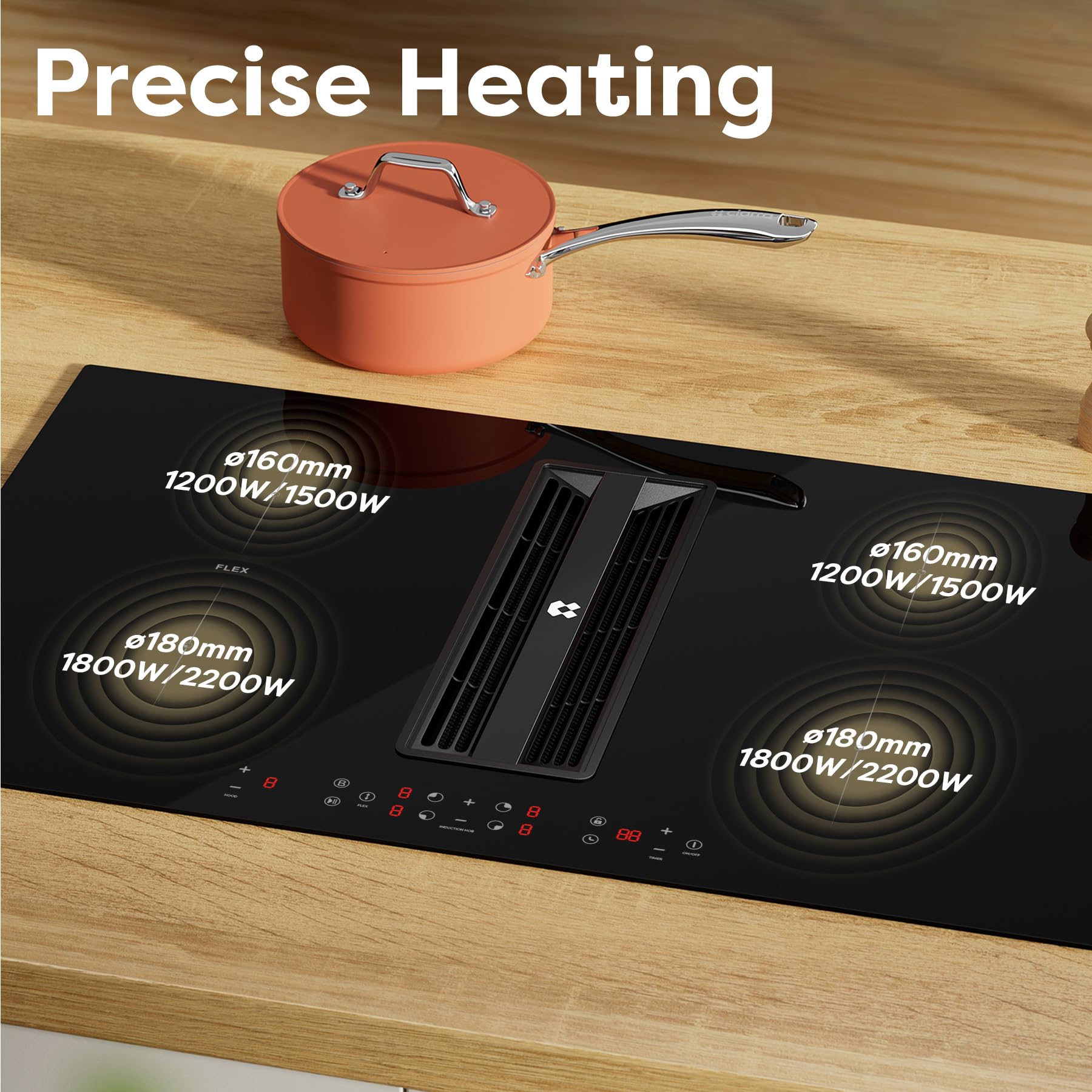 CIARRA One Plaque à Induction et Hotte Intégrée-4 Foyers-83cm-7000W-9 Niveaux de Puissante-500m³/h-Flex zone-Boost-4 Vitesses-Filtration Multiple-Tact