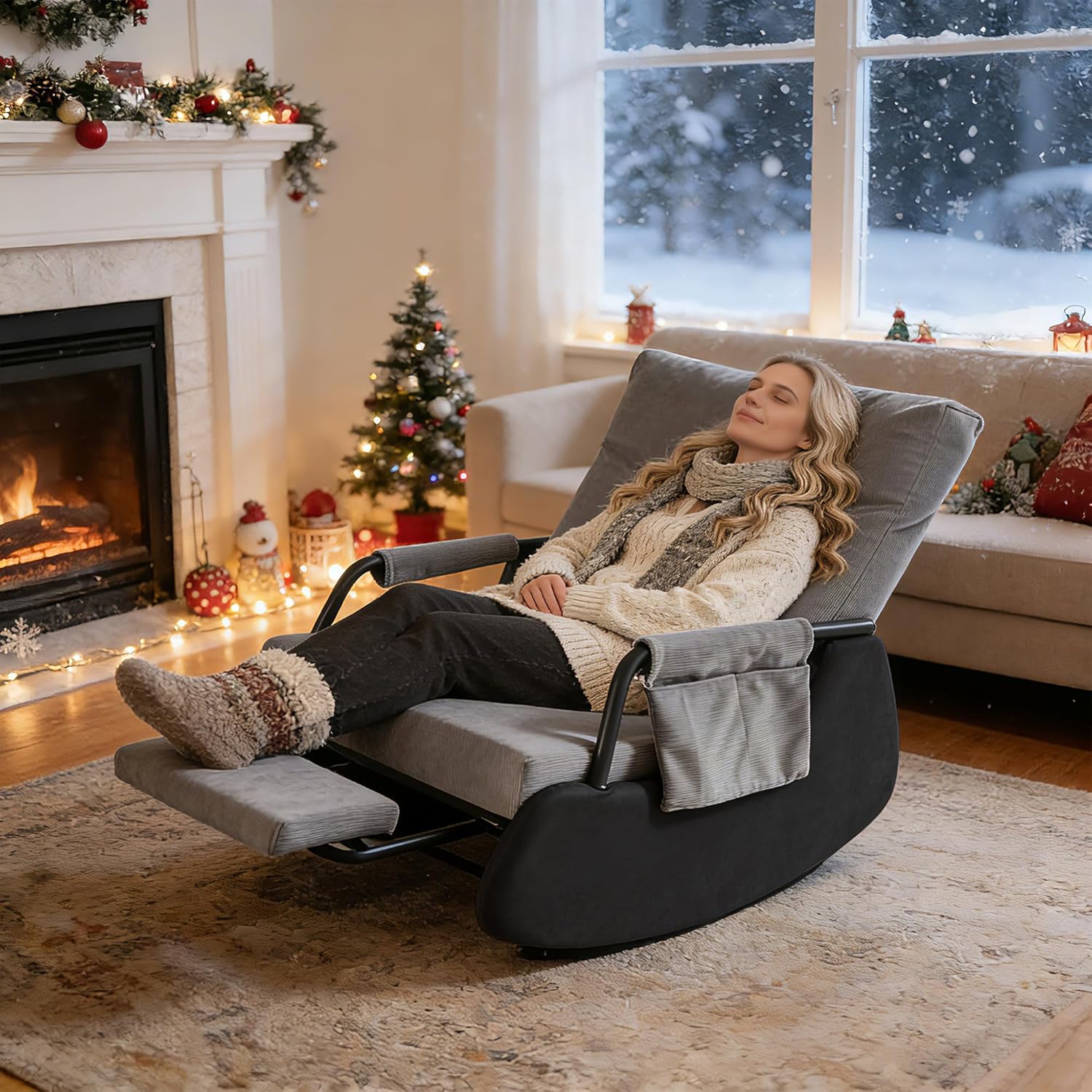 Schaukelstuhl mit Fußstütze, Schaukelsessel Wohnzimmer, Breiter Relaxsessel mit 3-Fach Rückenlehne und Seitentaschen, Lesesessel Bequem, Schaukelstühle für Wohnzimmer Schlafzimmer Balkon (Grau)