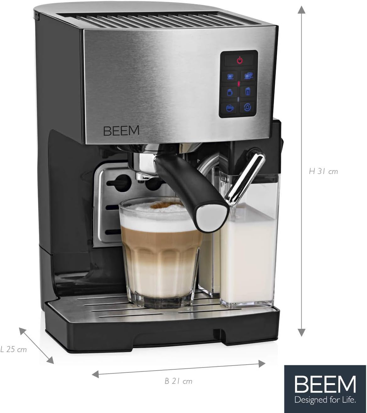 BEEM CLASSICO Espresso-Siebträgermaschine - 19 bar | Silber | Integrierter Milchtank und Dampfdüse | Abnehmbarer Wassertank | 1.450 W