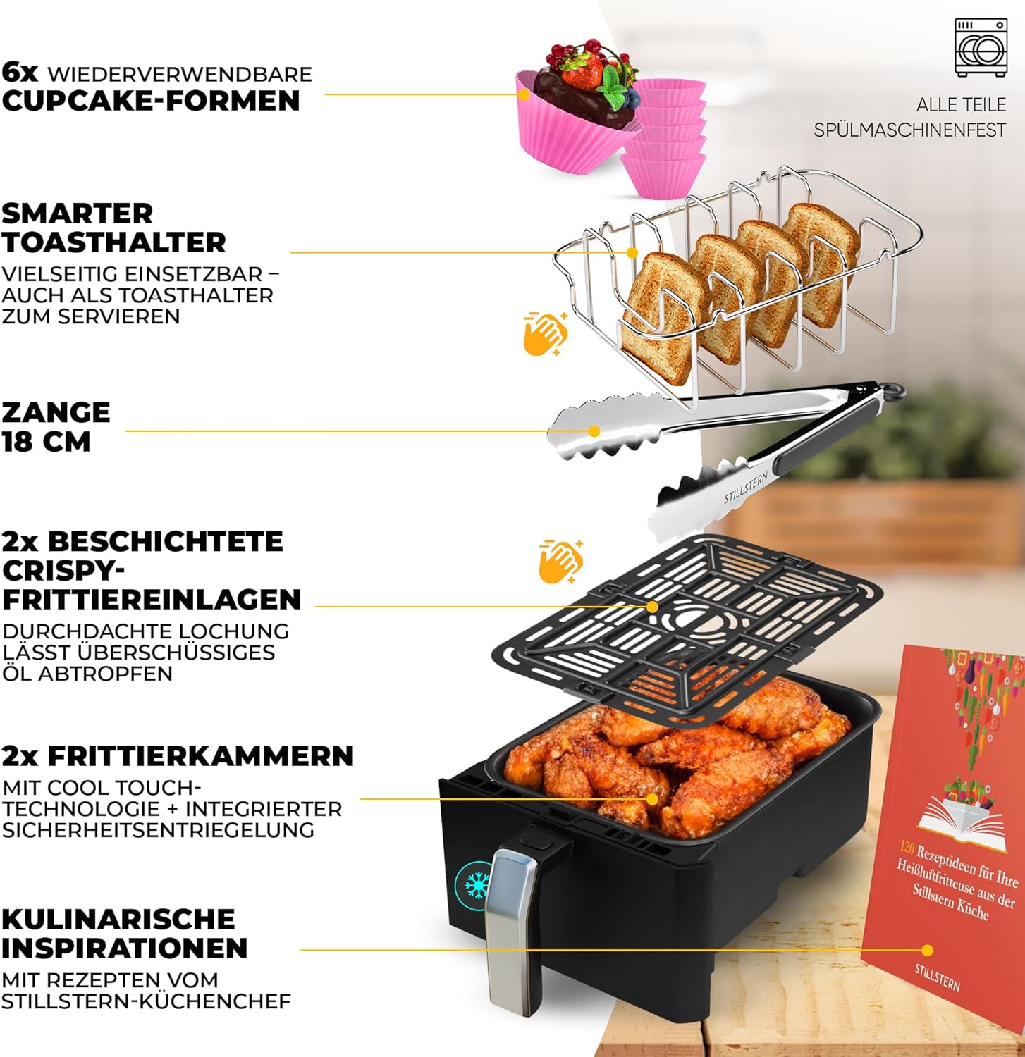 Stillstern Heißluftfritteuse 2 Kammern 8L Dual Zone Airfryer XXL, 2400W, Ausgezeichnet 1,2 (Sehr Gut), Fritteuse Air Fryer, Rezeptbuch, Auftauen&Warmhalten Heissluftfritteuse Doppelkammer, Air Fryers