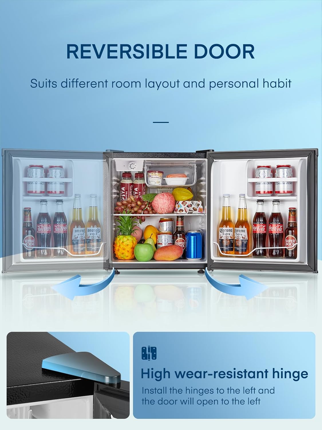 Mini Kühlschrank E 46L mit Eisfach, Kühlschrank Klein 42 dB, Wechselbarer Türanschlag, Energiesparend, Temperaturregelung, Ideal für Küche, Büro, Schlafzimmer, Hotels und kleine Wohnungen (Schwarz)