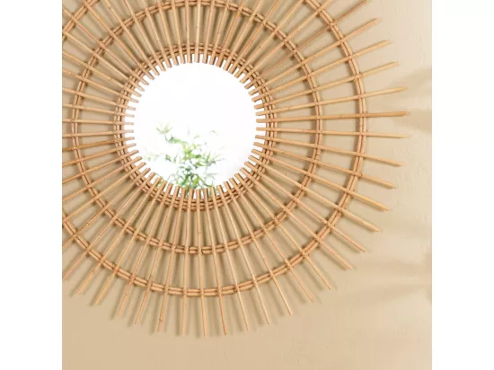 KALLY - Miroir rond 100cm modèle soleil en rotin couleur brun miel
