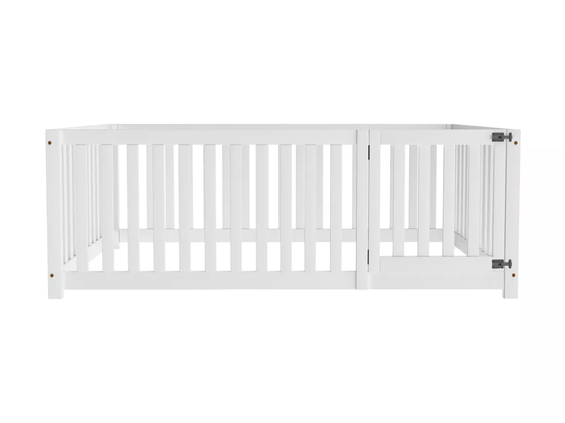 Lit bébé 140 x 200 cm sol en bois Cadre de lit avec clôture et porte, blanc