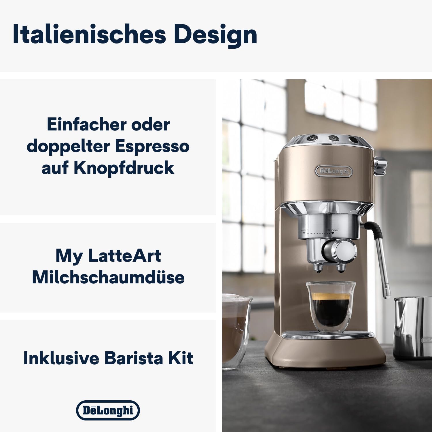 De'Longhi Dedica Arte EC 885.BG, Espresso Siebträgermaschine, Espressomaschine mit MyLatteArt Milchschaumdüse, kompaktes Design, 15 cm breit, 1 Liter Wassertank, E.S.E Pads geeignet, Beige