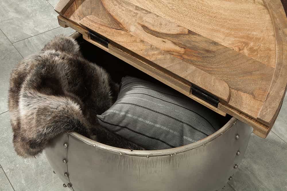 Runder Couchtisch DRUMP STORAGE 70cm natur silber Mangoholz mit Stauraum handmade Industrial