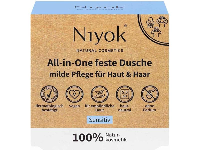 Niyok Feste Dusche all-in-one Sensitiv 80 g Natürliche feste 4 in 1 Pflegedusche für empfindliche Haut