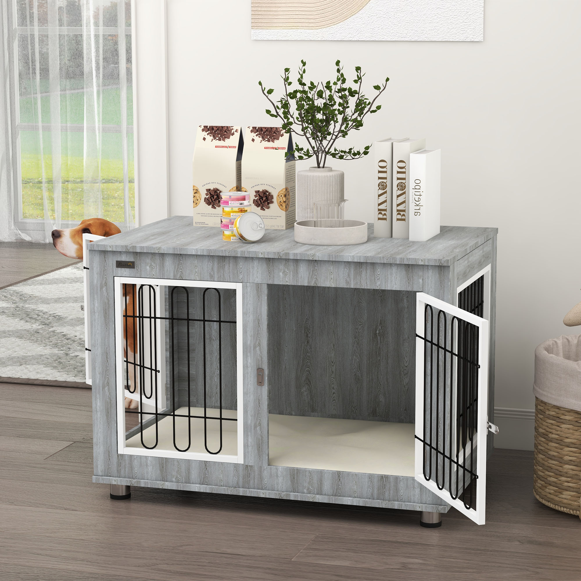 PawHut Hundekäfig mit abschließbaren Türen und Innenpolster grau 90L x 58B x 65H cm