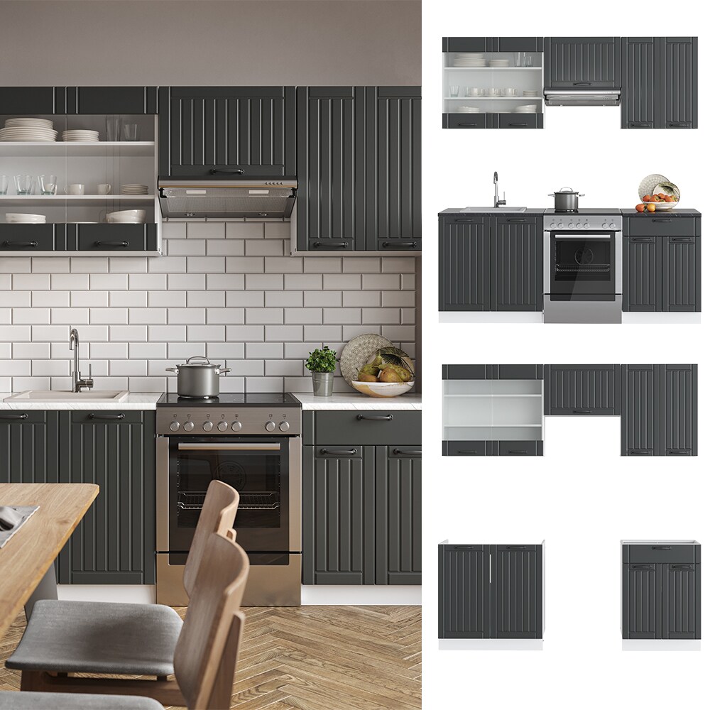 Vicco Küche Fame-Line 200 cm Küchenzeile Landhaus Küchenblock Einbau Anthrazit