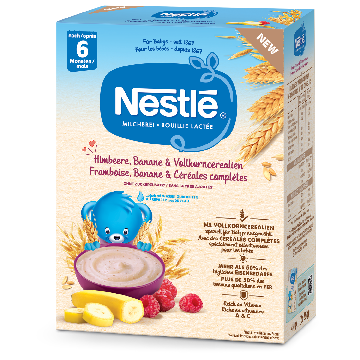 NESTLE Milchbrei<br>450 g, Pulver, Himbeere Banane & Vollkorncerealien 6 Monate