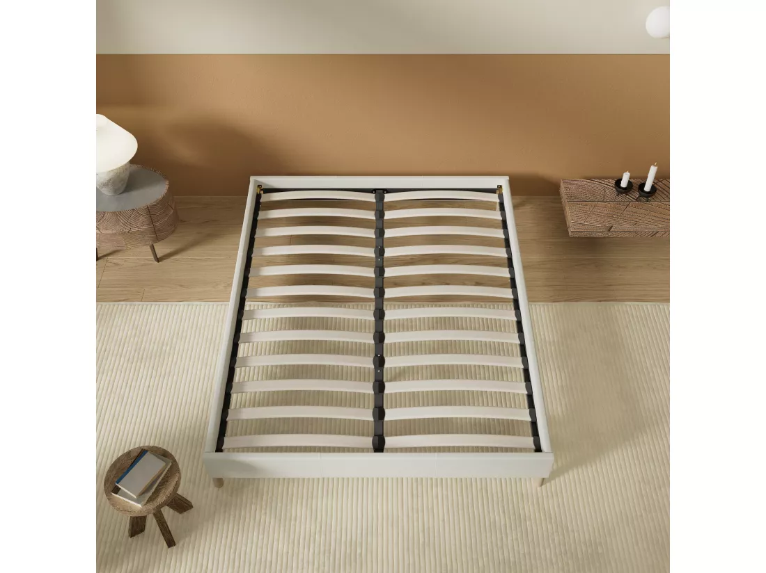Sommier 90x200 cm, Revêtement en tissu Blanc Crème, Pieds en bois
