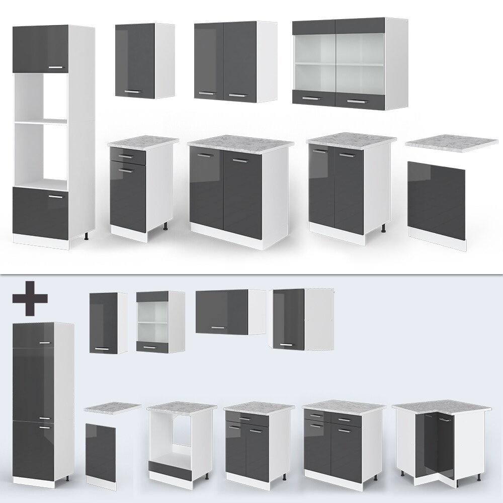 VICCO KÜCHE R-LINE 300CM KÜCHENZEILE KÜCHENBLOCK EINBAUKÜCHE ANTHRAZIT HOCHGLANZ