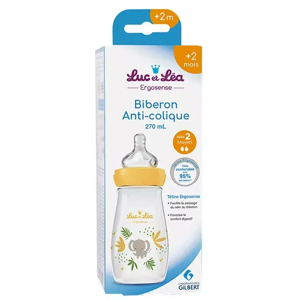 Mamadeira de plástico Luc and Léa com elefante amarelo, 270ml