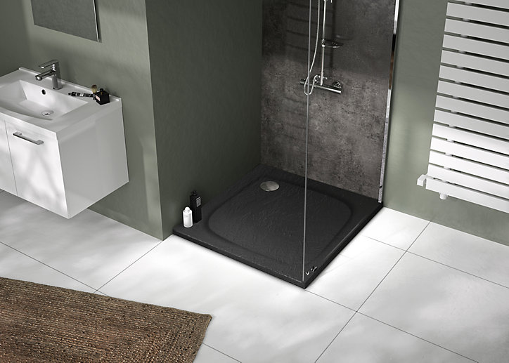 Receveur de douche carré 90x90cm, noir mat effet pierre, Allibert Mooneo