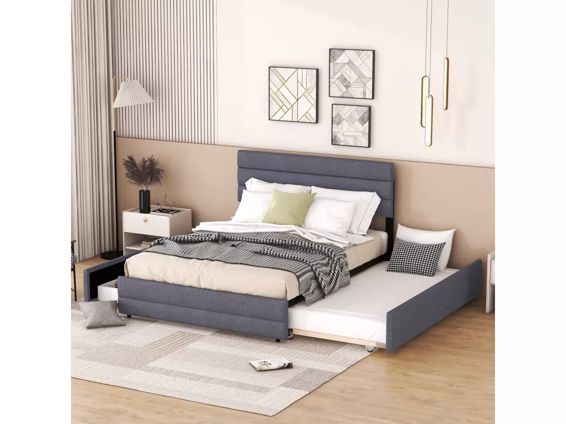 Lit adulte 140x200cm en tissu lin - avec un lit gigogne 90x190cm et 2 tiroirs - tête de lit réglable - Gris