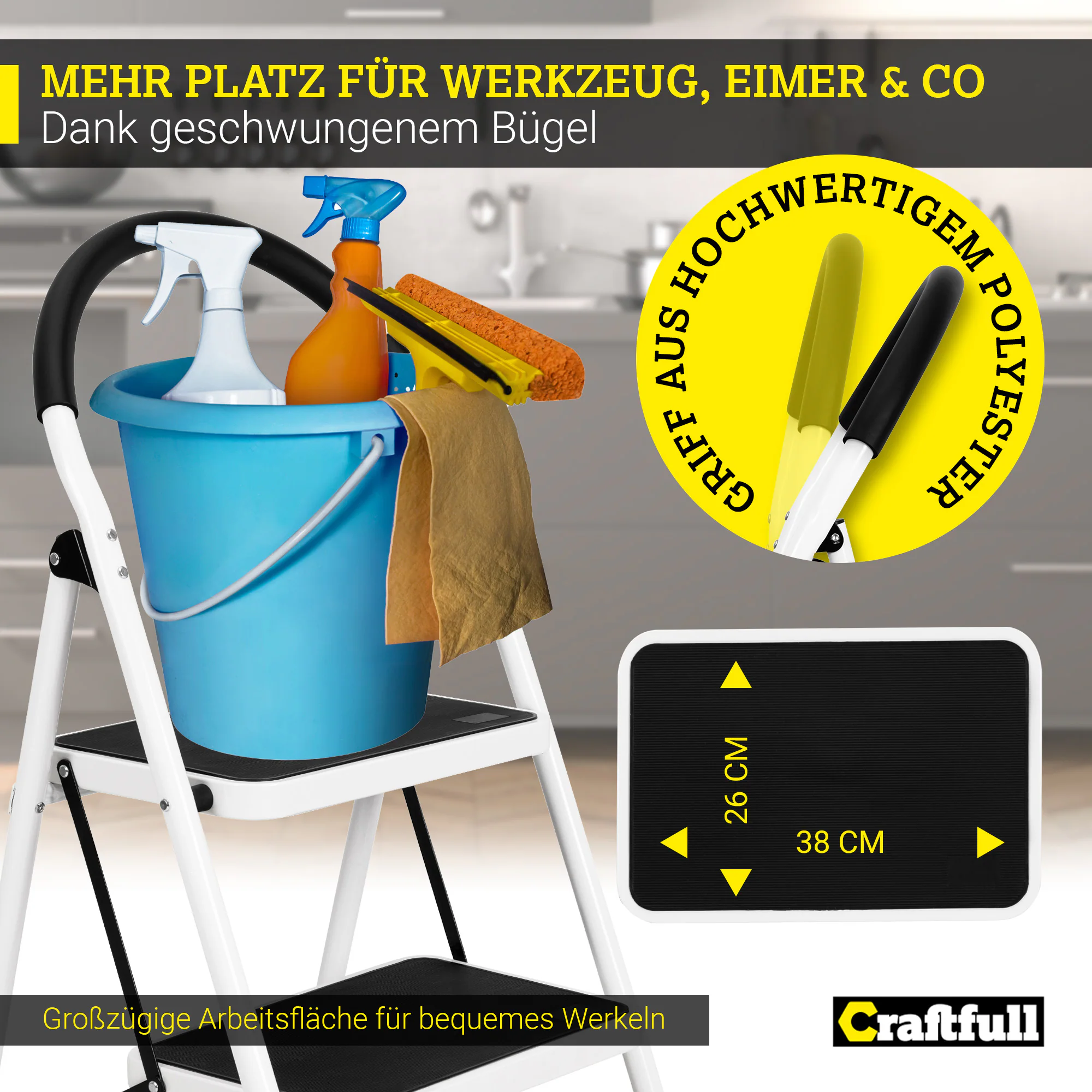 Craftfull Klapptritt CF-130A, 2-5 Stufen, Anti-Rutsch-Tritfflächen, Sicherheitsriegel, 3 J. Garantie (2 Stufen)