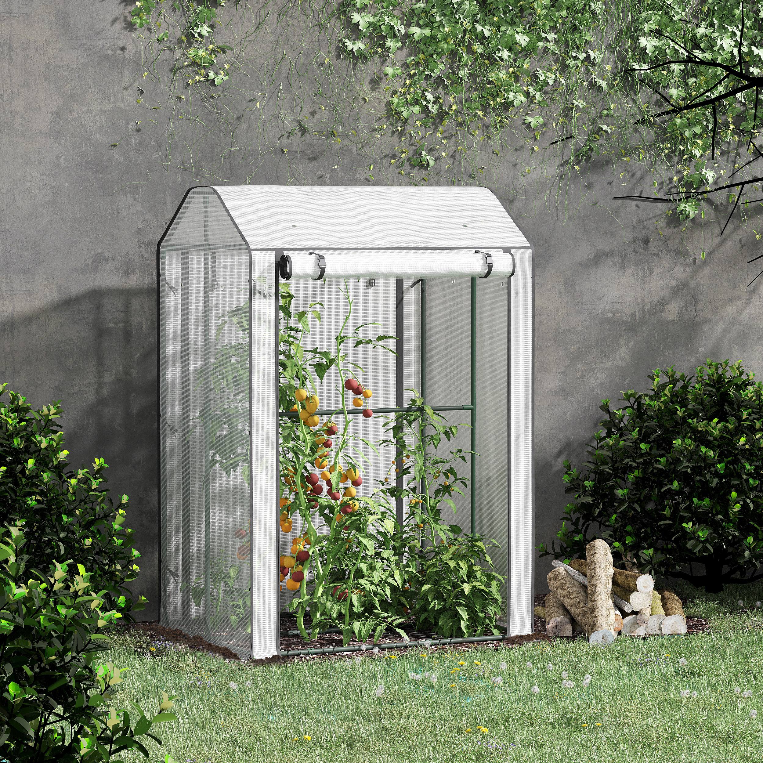 Estufa externa Outsunny para cultivo doméstico, com porta de enrolar, cobertura em PE e estrutura metálica, ideal para plantas, tomates, terraços e pátios. Dimensões: 100x80x150 cm. Cor: Branco Transparente.