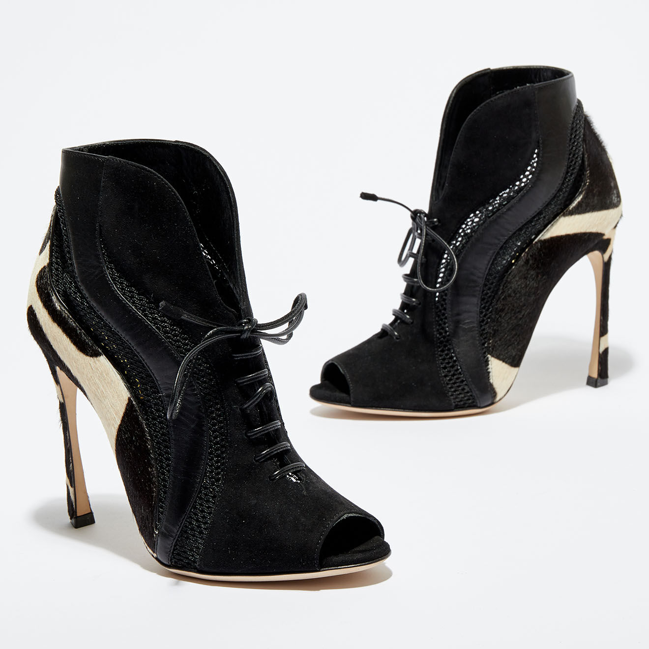 Sergio Rossi Bottines en Cuir, Velours de Cuir, Poney & Résille Sing noir/nude Talon 11 cm