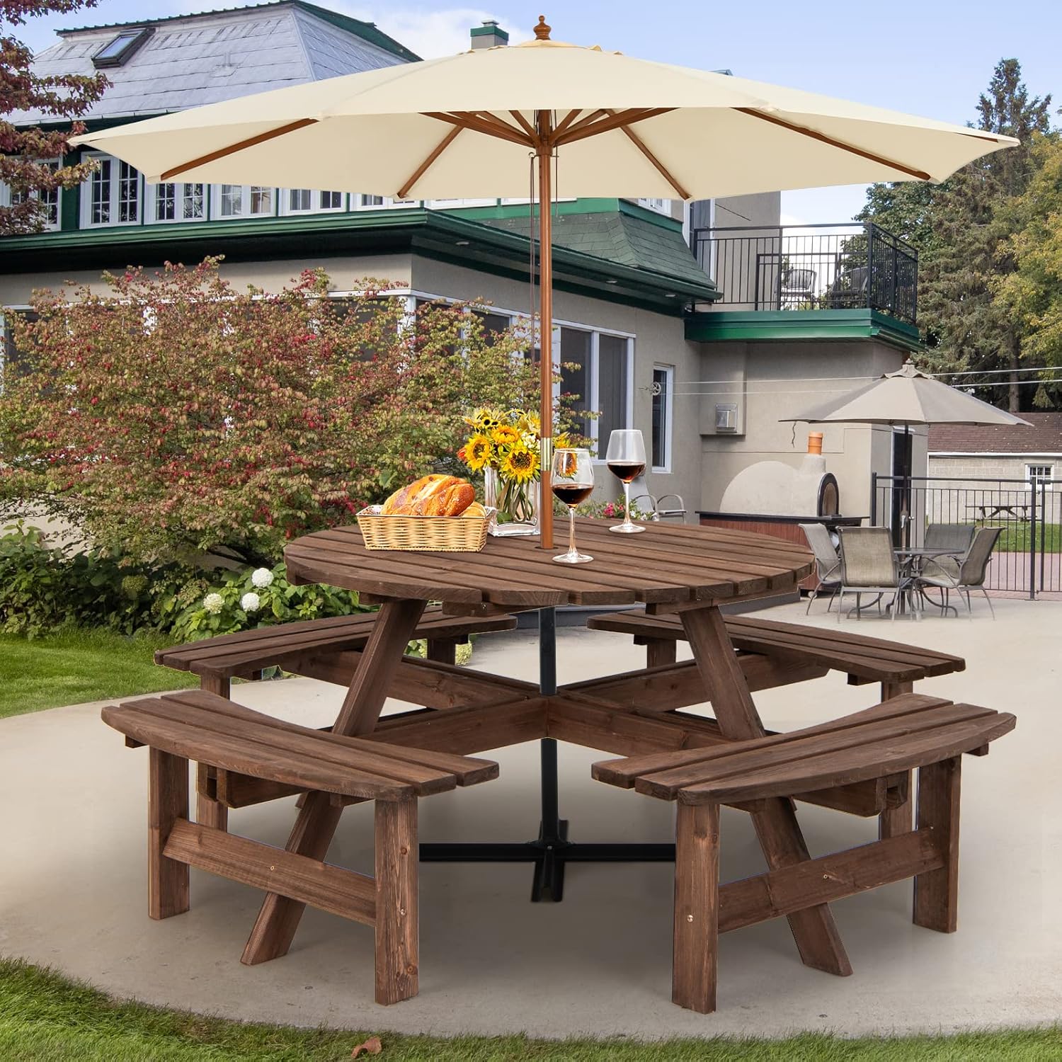 GIANTEX Gartenmöbel Set Holz 8 Personen, Garten Sitzgruppe 4 Bänken & 1 Gartentisch, Picknicktisch mit Schirmloch, Bierzeltgarnitur Bierbankgarnitur Biertischgarnitur Massiv Tannenholz wetterfest