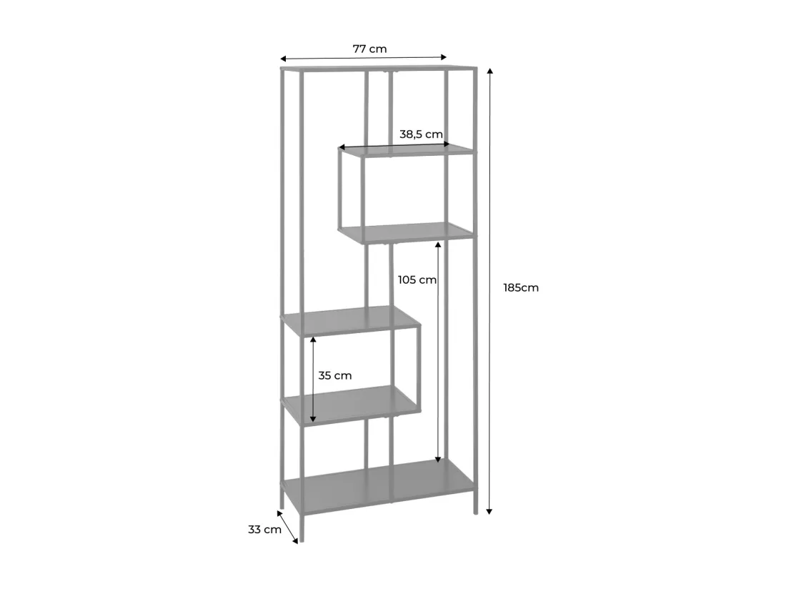 Etagère bibliothèque asymétrique 6 étages en métal noir INDUSTRIELLE L 77 x P 33 x H 185cm