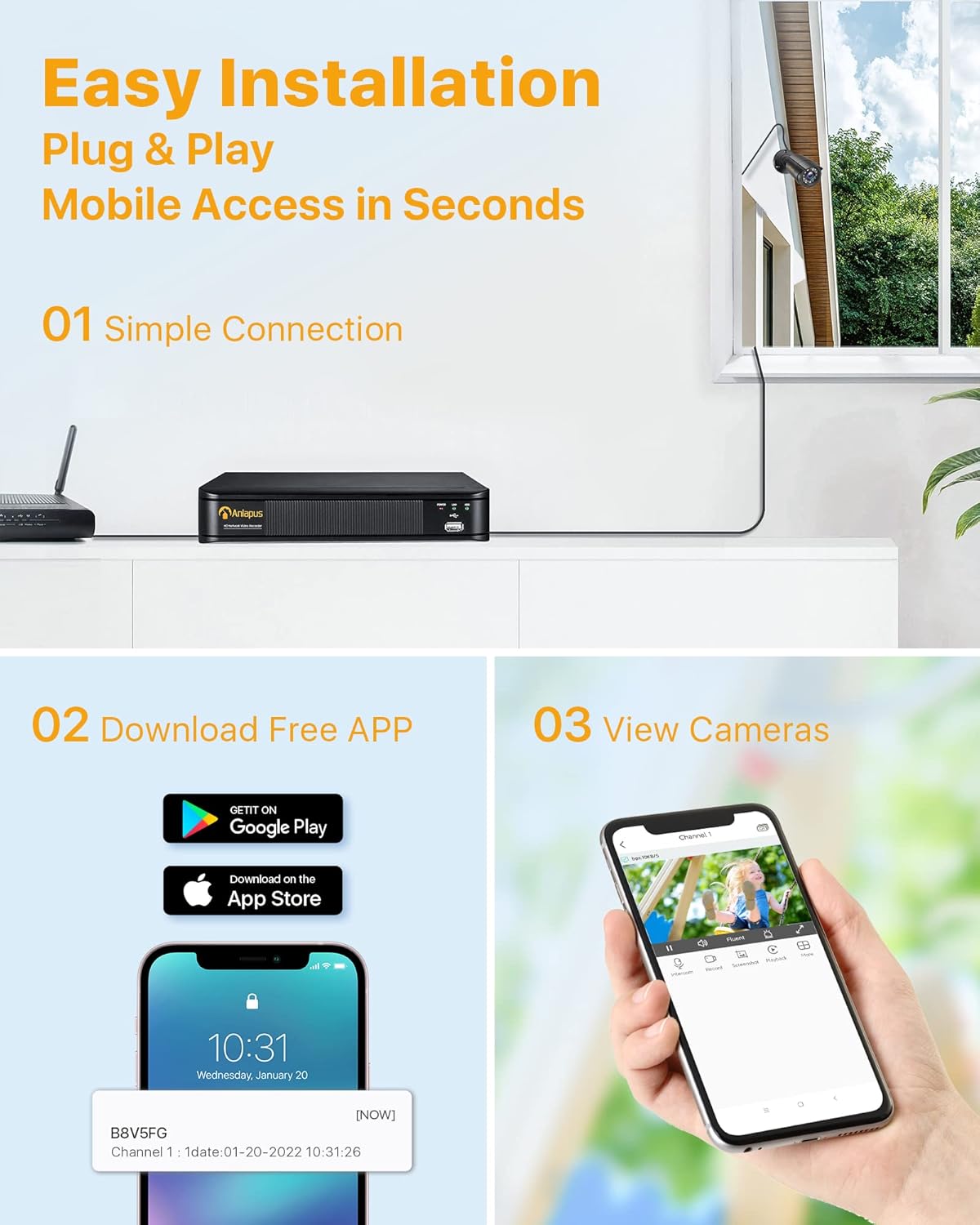 Anlapus 1080P Außen Video Überwachungssystem 8CH H.265+ DVR mit 4x 2MP Kamera ohne Festplatte für Haus Überwachung 20M IR Nachtsicht, App + Email Alarm bei Bewegungen