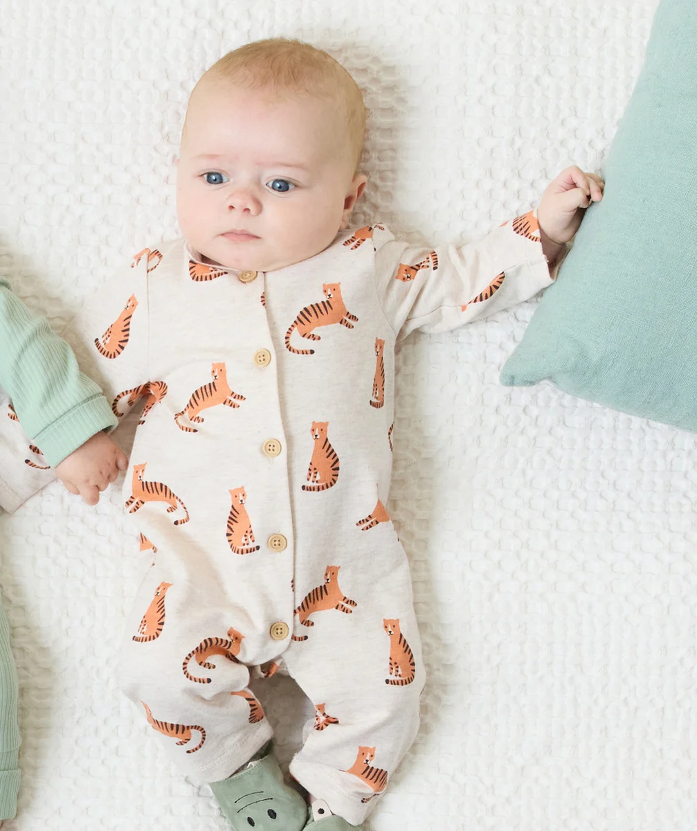 DORS BIEN SANS PIEDS EN COTON BIO BEIGE AVEC IMPRIMÉ TIGRE