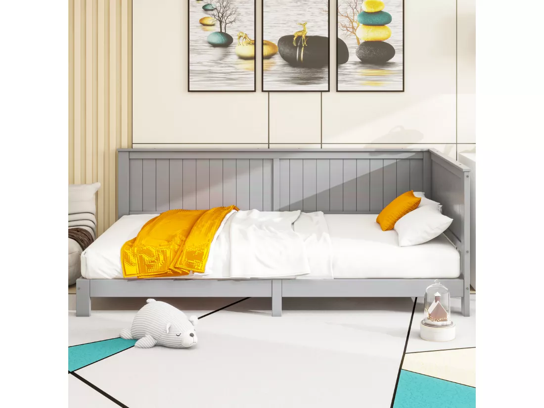 Canapé-lit 90x200 Cm En Bois, Lit Simple Enfant, Gris