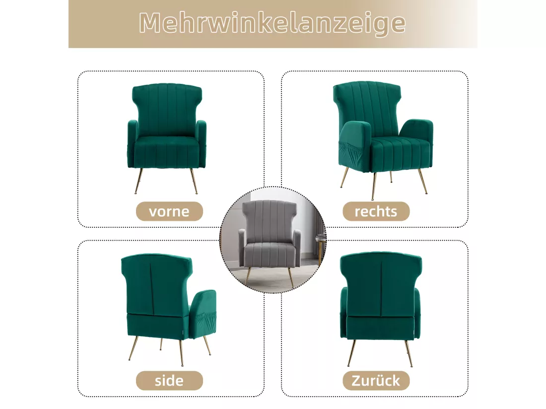 Chaise Décorative En Velours，pieds Métalliques Dorés，fauteuil Confortable，haut Dossier
